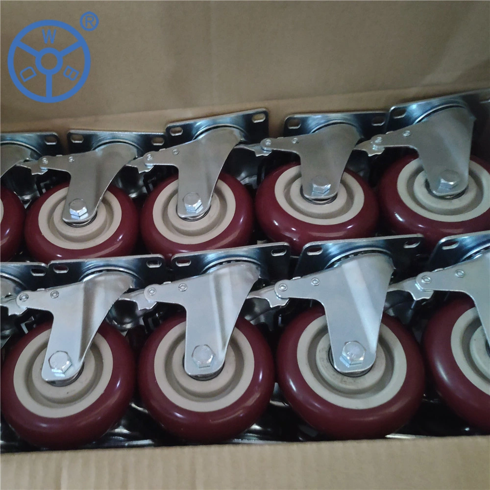 Wbd 3 Inch 75mm Threaded Stem Swivel Head Top Plate Double Ball Bearing Medium Duty Caster Red PVC Wheels