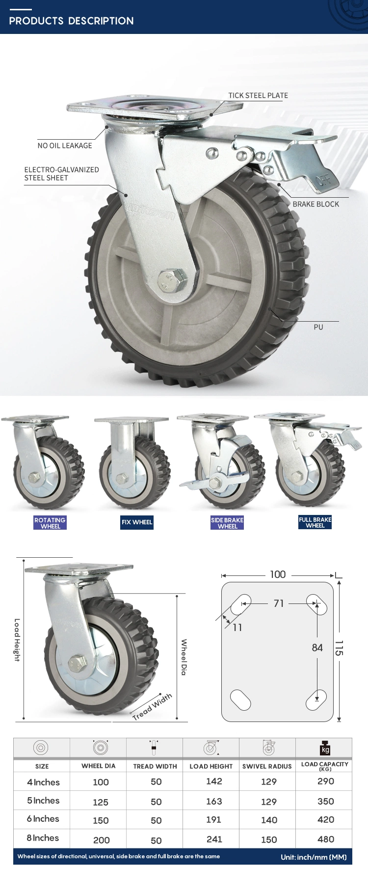 PU Casters Flat Trolley Universal Wheel No Brake Caster